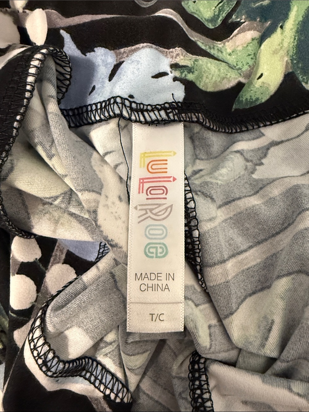 LuLaRoe Black Floral Stripe Leggings with Light Blue Roses - Picture 2 of 3
